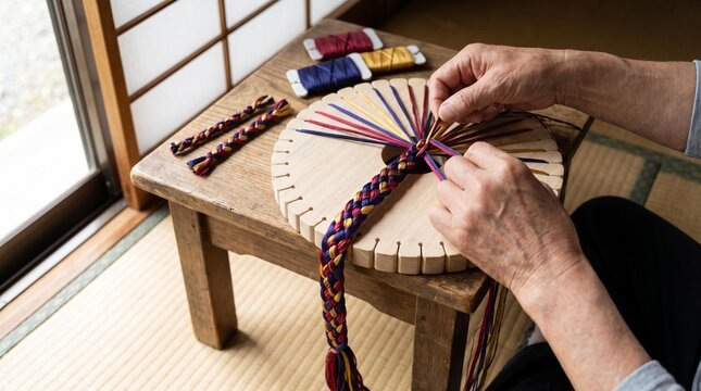 Hands Braiding Silk Cords on Traditional Japanese Kumihimo Disk