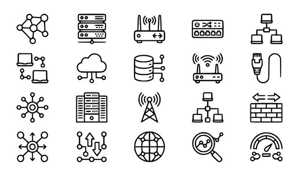 Computer Network and Connectivity Thin Line Icons Set