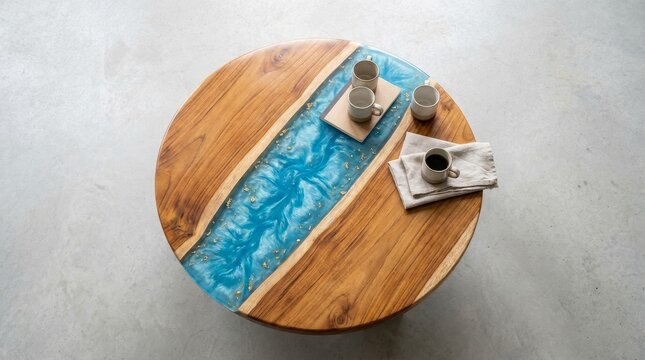 Unique handcrafted round table featuring an epoxy resin river design with coffee cups placed on a rustic wooden surface