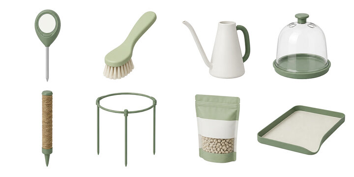 Gardening supplies icons, dibber, plant labels, watering can, cloche, trellis, and seed tray 3D set.