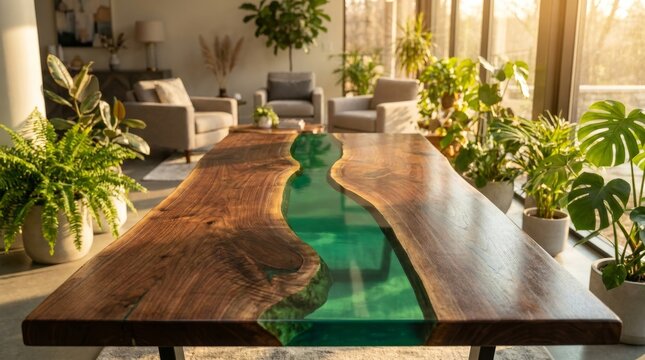 Stylish wooden table featuring an epoxy resin river complemented by vibrant indoor plants in a contemporary living area