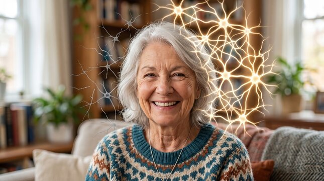Senior woman with glowing neural network overlay. Brain activity and cognitive health concept. Elderly person with active mind, mental agility, memory, and neurological wellbeing.