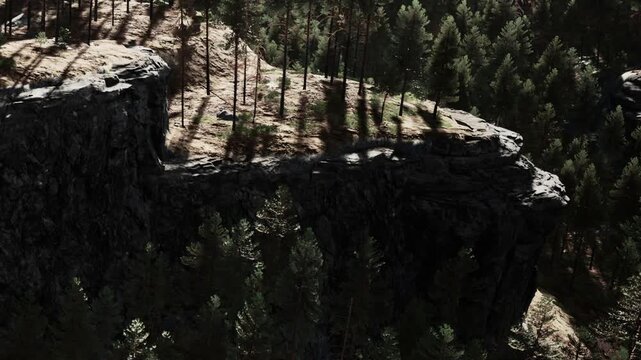 The scene features tall cliffs with rough edges and a thick cover of trees. Sunlight falls on the rocks and branches in a forest area. Nature is the main focus in this setting.