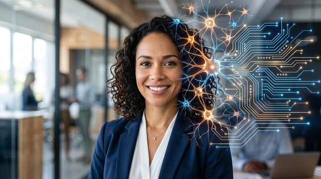 Woman professional with neural network overlay. Artificial intelligence concept interacting with human face. Digital brain synapse and electronic circuit for innovation in business technology.