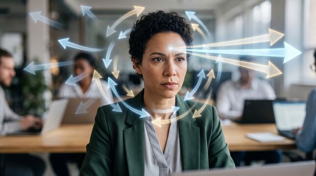 Black woman multitasking with digital arrow icons surrounding her head. Businesswoman managing complex work process. Strategy, analytical thinking and fast decision concept in office.