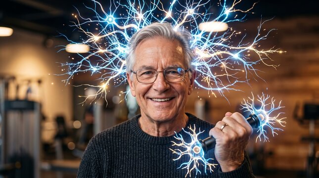 Senior man exercising with virtual neural dumbbell. Brain power and cognitive health training. Digital visualization of mental fitness, neural network connection and memory improvement.
