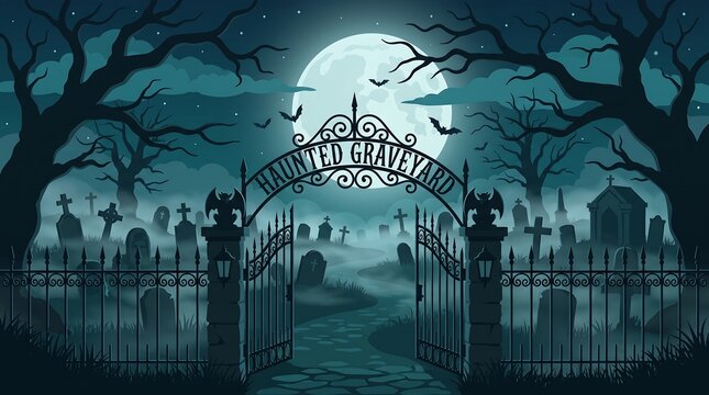 Spooky graveyard entrance with iron gates under a full moon for Halloween night background.