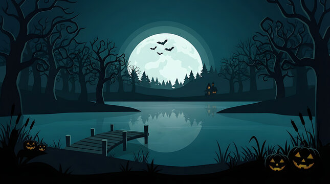 A dark halloween landscape features a moonlit lake silhouetted trees and glowing jack o lanterns