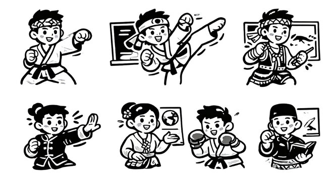 Cute cartoon martial arts kids doodle set black and white vector illustration.