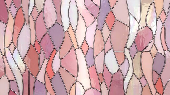 Abstract stained glass window texture with soft pink and pastel tones, featuring organic flowing shapes and lead cames