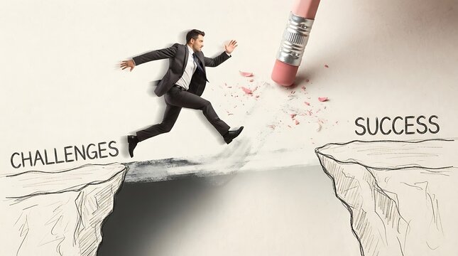 A businessman in a suit jumping over a gap in the paper with the word challenges on one side and success on the other side with a pencil