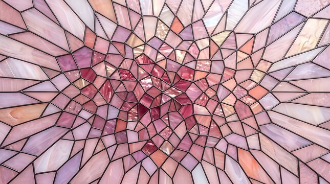 Abstract stained glass window texture with a radial burst pattern in pink and peach tones, featuring intricate small segments