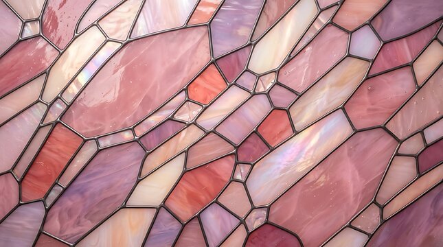 Abstract stained glass pattern with irregular geometric shapes in shades of pink, rose, and lavender, featuring a textured glass surface and dark lead lines