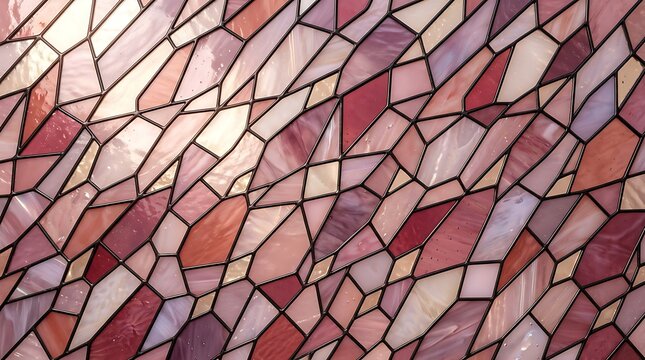 Abstract stained glass window texture with pink and peach geometric glass pieces joined by dark metal lines, creating a delicate mosaic pattern