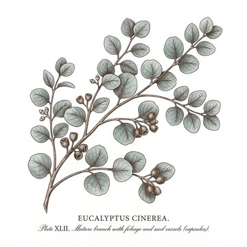 Vintage botanical drawing of a eucalyptus cineria branch