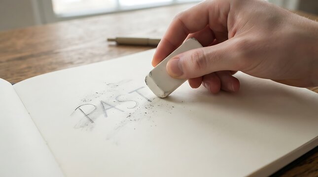 A hand using a white eraser to remove the word past written in pencil on a white notebook page, close up view of the hand and eraser