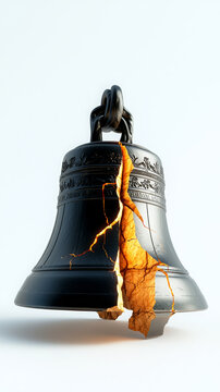 Bell, crack, metal, black, damaged bronze church bell with glowing fissure