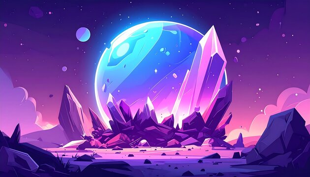 Stylized alien crystal planet illustration with glowing rock formations and floating fragments, imaginative cosmic object for science and fantasy designs.