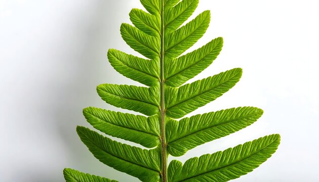 Vibrant green fern leaf frond detail macro shot isolated on a white background