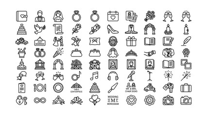 Collection of wedding and marriage celebration icons with transparent backgrounds for event planning and design projects