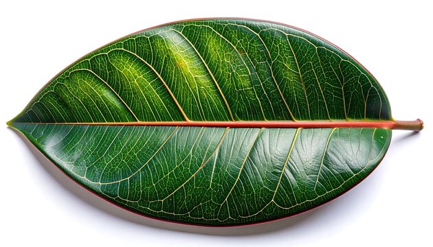 Detailed Close Up Of A Vibrant Tropical Ficus Leaf Isolated On A Pure White Background