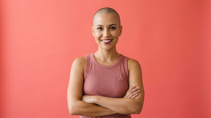 Obraz premium A confident woman with short hair smiling during breast cancer awareness month standing against a plain pink background for health support campaigns