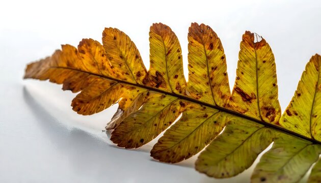 Close-up of a browning autumn fern frond against a white background