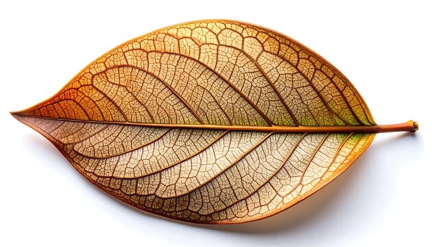 A beautifully intricate dried leaf displaying nature's delicate venation on a pristine white background
