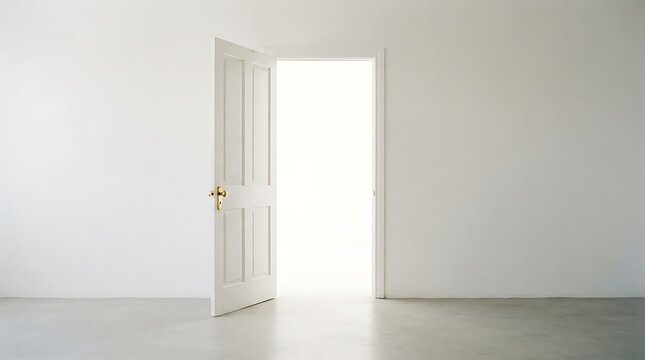 Classic white door standing open in a minimalist room with a smooth gray concrete floor and plain white walls in a bright interior space