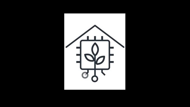 Animated vector line icon of smart home and green technology concept. Electronic chip with growing plant inside and sensor indicators glowing in loop. 4K motion graphics footage for ecology, agritech,
