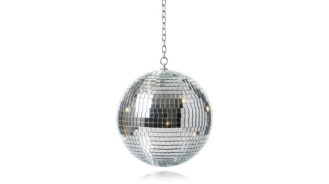 Shiny silver disco ball with many small reflective mirrors hanging from a metal chain against a clean white background, for party lighting