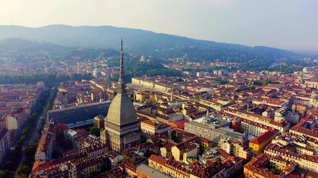 Turin, Italy. Flight over the city. Historical center, top view. Drone footage