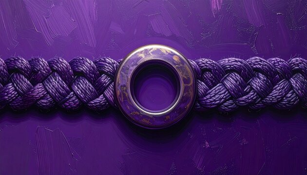 Close up of braided rope with metal ring on purple background.