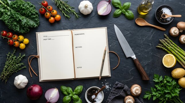 Rustic blank recipe book on dark stone background. Culinary flat lay with fresh vegetables, herbs, and chef knife for cooking blog.