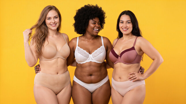 Diverse group of confident women wearing bras and underwear together against a bright yellow background, celebrating body positivity, inclusive beauty, self confidence and female diversity.