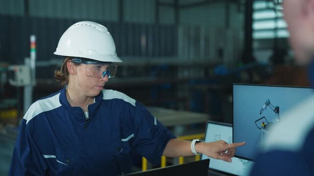 Industrial engineers analyzing blueprint designs and laptop data in a plant. Professional teamwork focused on manufacturing accuracy.