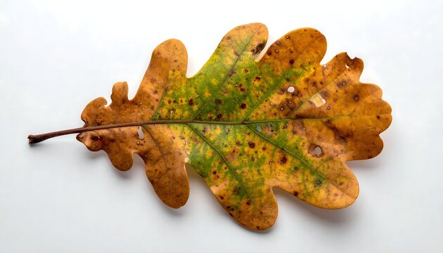 Fallen autumn oak leaf with green and yellow spots on a white background top view