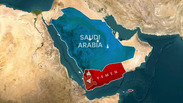 Animated Map Zoom to Saudi Arabia and Yemen Highlighting Strategic Regional Conflict