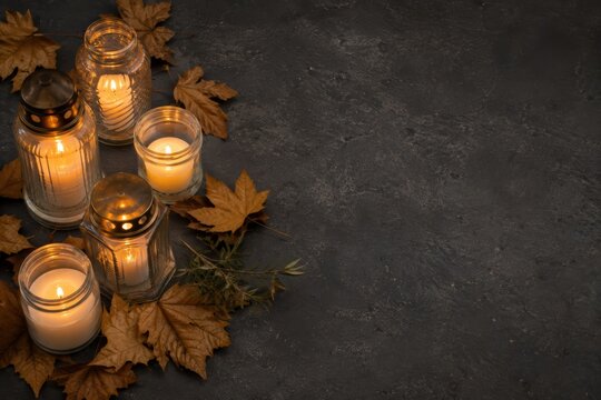 Memorial Candles and Autumn Leaves Flat Lay with Copy Space