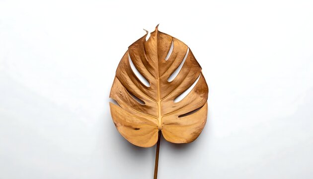 Golden Monstera Leaf Isolated on Clean White Background Flat Lay Design