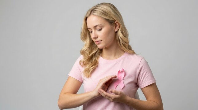 Young woman wearing a pink shirt holding a pink ribbon to support the important annual breast cancer awareness month campaign event