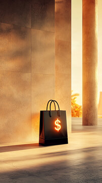 Shopping bag dollar black luxury sunlight black paper shopping bag with glowing dollar symbol