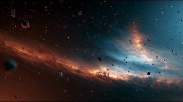 Explore the vastness of space while navigating between glowing asteroid shapes in a dark setting. Enjoy the views and movement.