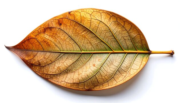 Detailed macro shot of a brown dried leaf showing intricate vein patterns on white