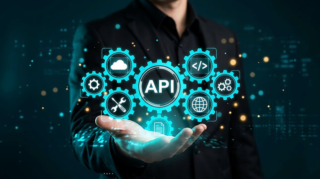 Businessman holding API application programming interface virtual gear concept system