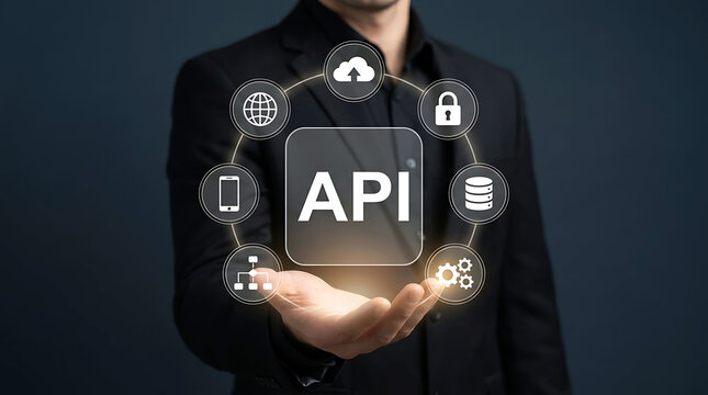 Businessman holding API application programming interface virtual network icon concept