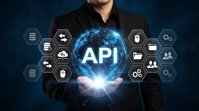 Businessman holding application programming interface API software integration network concept