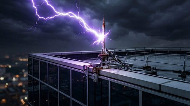 Purple lightning bolt striking a metallic rod on a skyscraper rooftop during a storm.