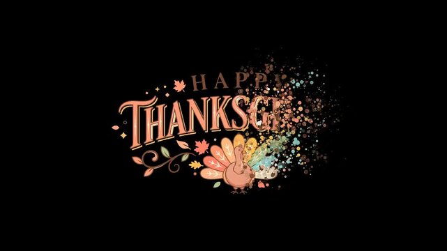 Happy Thanksgiving Day Celebration with Colorful Turkey and Floral Decorations on Black Background.
