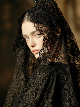 Elegant Woman in Traditional Black Mantilla Portrait. AI generative.